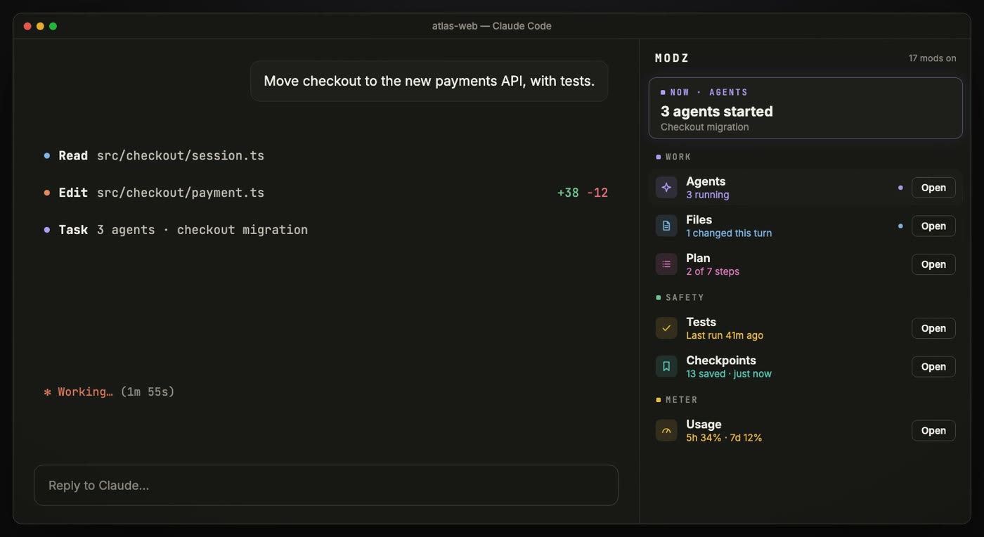 The MODZ panel beside a Claude Code session, listing Agents, Files, Plan, Tests, Checkpoints and Usage, each with an Open button